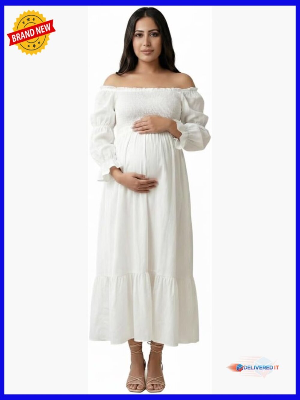 Maternity Maxi Dress with Puff Sleeves Ruffle High Waist Backless Mermaid